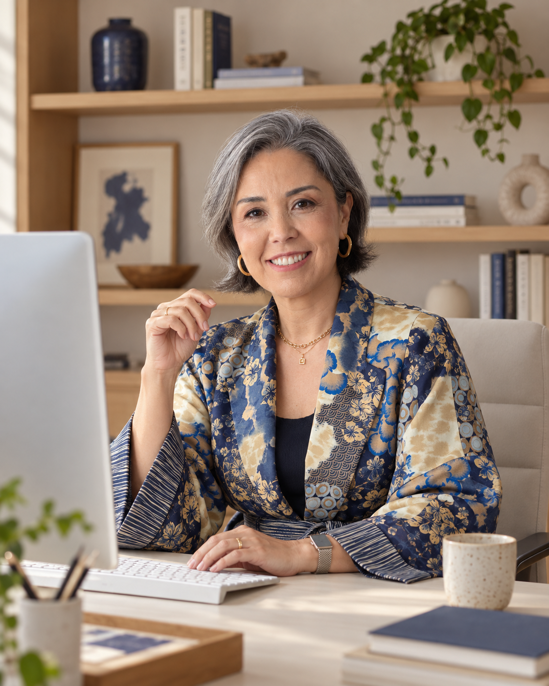 Fabiana Domingues em seu escritório, com quimono estampado, diante do computador