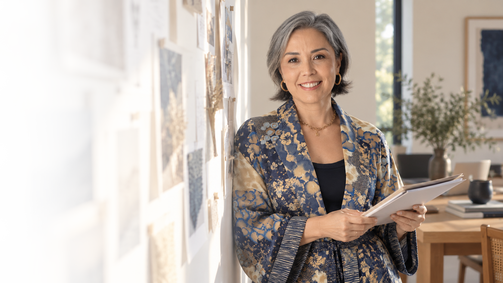 Fabiana Domingues em seu ateliê, com luz natural e painéis de referência ao fundo